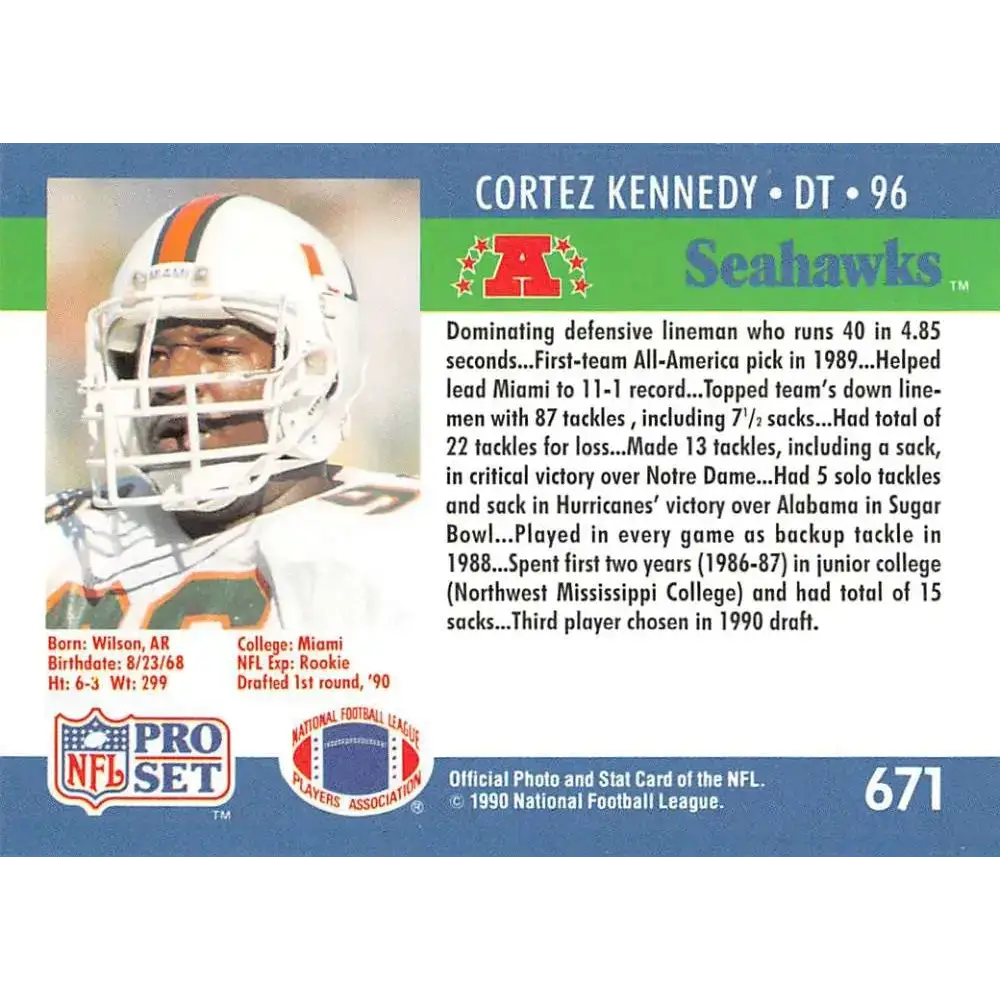 1990 Pro Set #671 Cortez Kennedy NM-MT RC Rookie Seattle Seahawks Football Card - Football Card Single