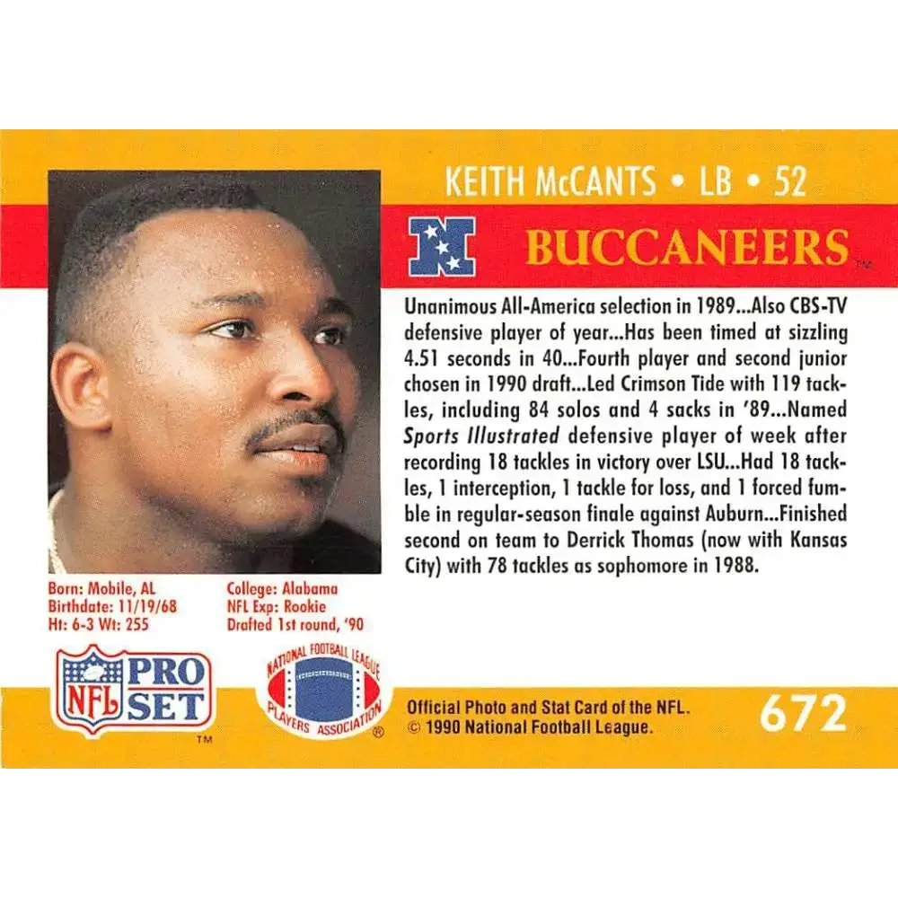 1990 Pro Set #672 Keith McCants NM-MT RC Rookie Tampa Bay Buccaneers Football Card - Football Card Single