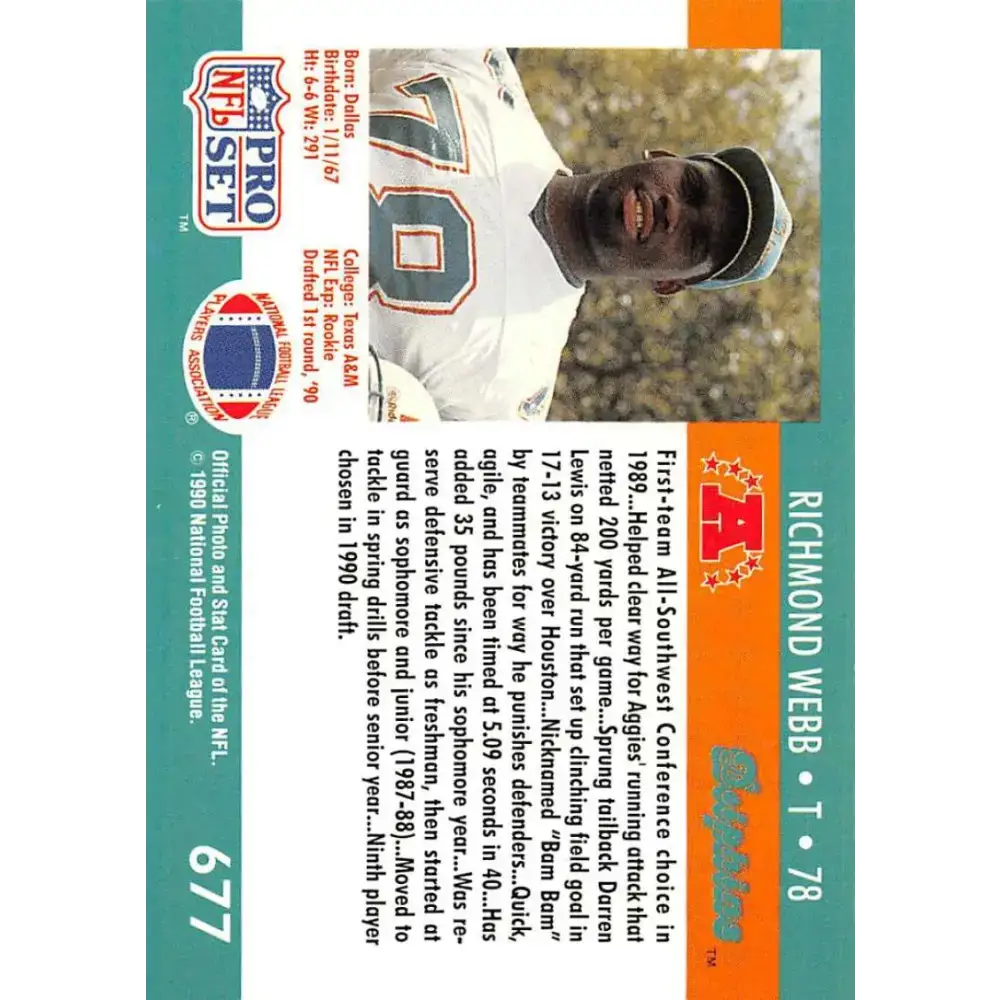 1990 Pro Set #677 Richmond Webb NM-MT RC Rookie Miami Dolphins Football Card - Football Card Single