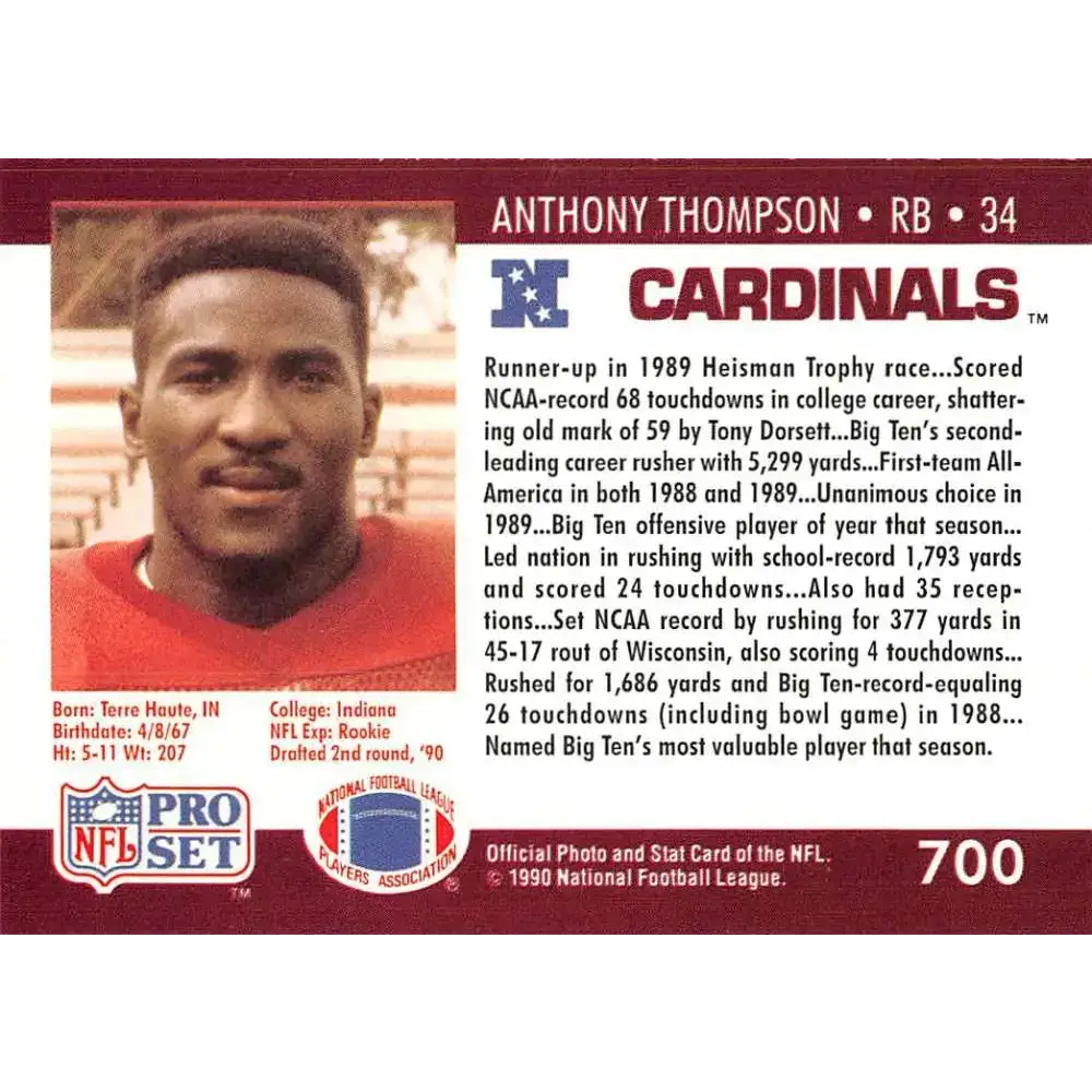 1990 Pro Set #700 Anthony Thompson NM-MT Phoenix Cardinals Football Card - Football Card Single
