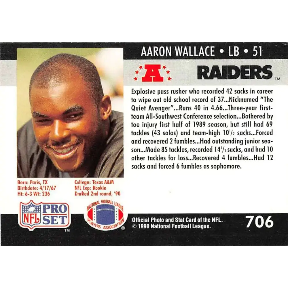 1990 Pro Set #706 Aaron Wallace NM-MT RC Rookie Los Angeles Raiders Football Card - Football Card Single