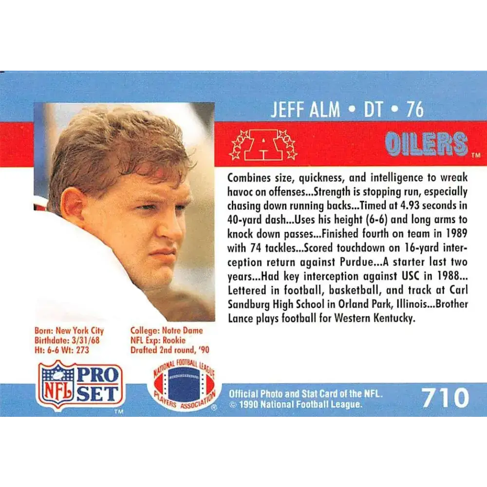 1990 Pro Set #710 Jeff Alm NM-MT RC Rookie Houston Oilers Football Card - Football Card Single