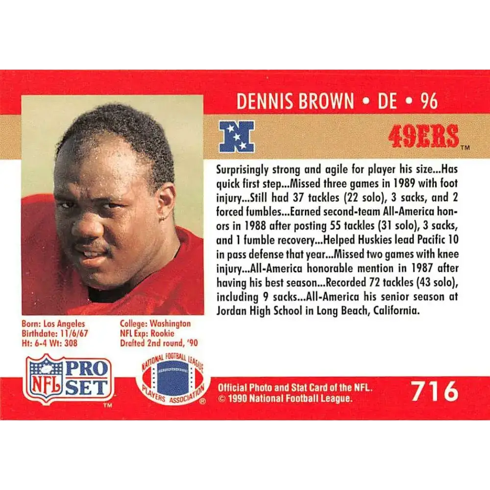 1990 Pro Set #716 Dennis Brown NM-MT RC Rookie San Francisco 49ers Football Card - Football Card Single