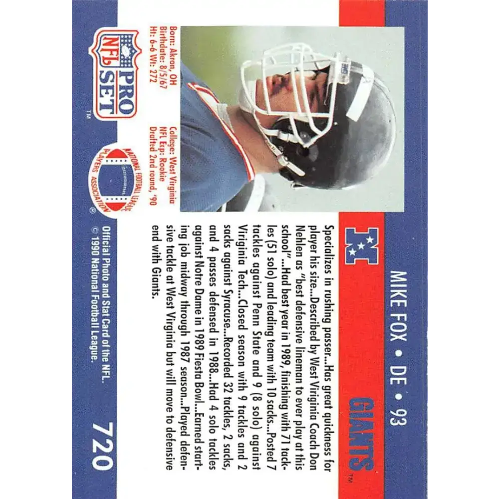 1990 Pro Set #720 Mike Fox NM-MT RC Rookie New York Giants Football Card - Football Card Single