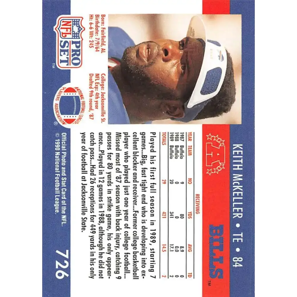 1990 Pro Set #726 Keith McKeller NM-MT RC Rookie Buffalo Bills Football Card - Football Card Single