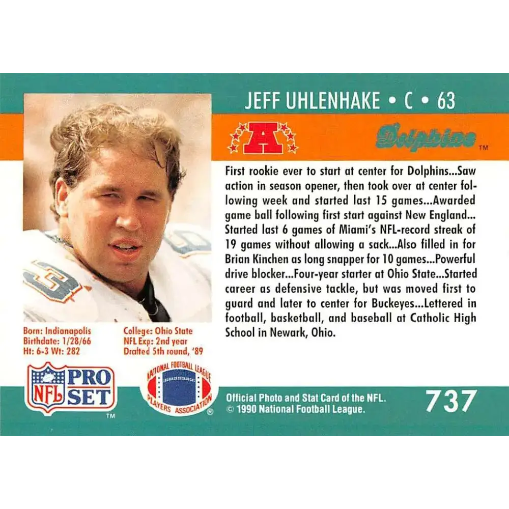 1990 Pro Set #737 Jeff Uhlenhake NM-MT Miami Dolphins Football Card - Football Card Single