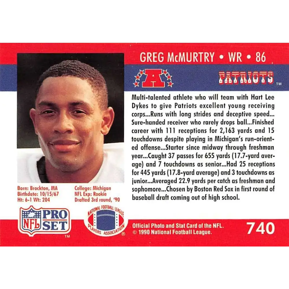 1990 Pro Set #740 Greg McMurtry NM-MT RC Rookie New England Patriots Football Card - Football Card Single
