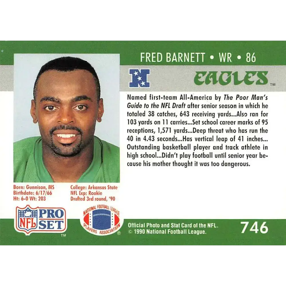 1990 Pro Set #746 Fred Barnett NM-MT RC Rookie Philadelphia Eagles Football Card - Football Card Single