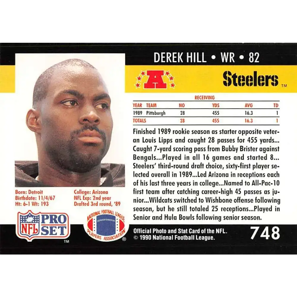 1990 Pro Set #748 Derek Hill NM-MT RC Rookie Pittsburgh Steelers Football Card - Football Card Single