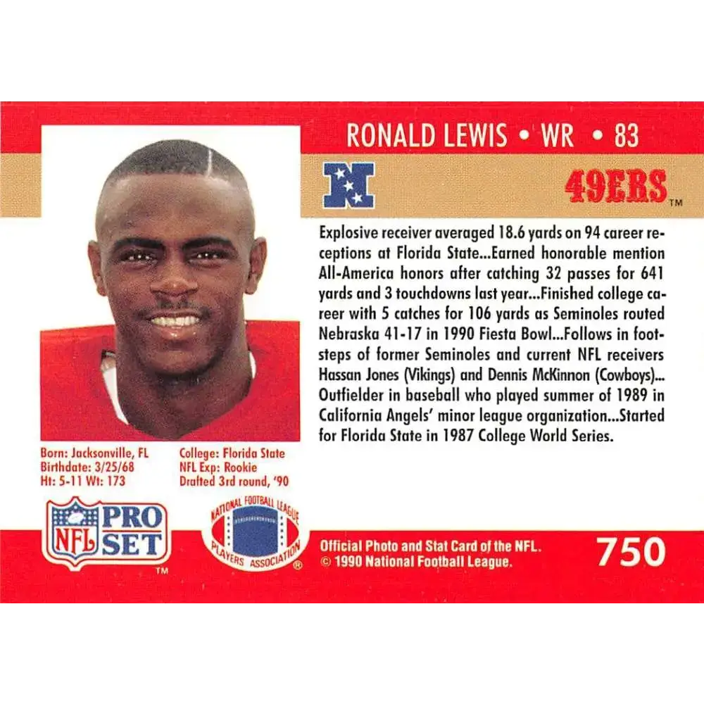 1990 Pro Set #750 Ronald Lewis NM-MT RC Rookie San Francisco 49ers Football Card - Football Card Single