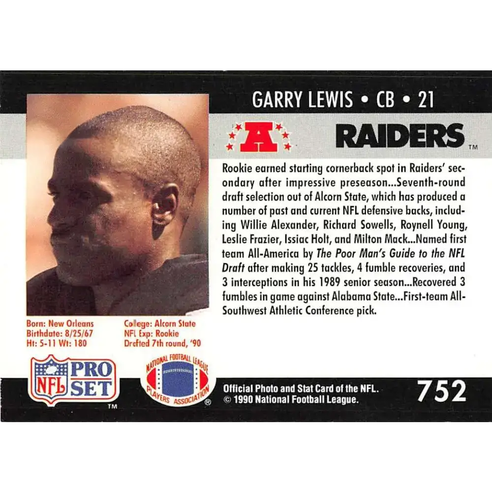 1990 Pro Set #752 Garry Lewis NM-MT RC Rookie Los Angeles Raiders Football Card - Football Card Single