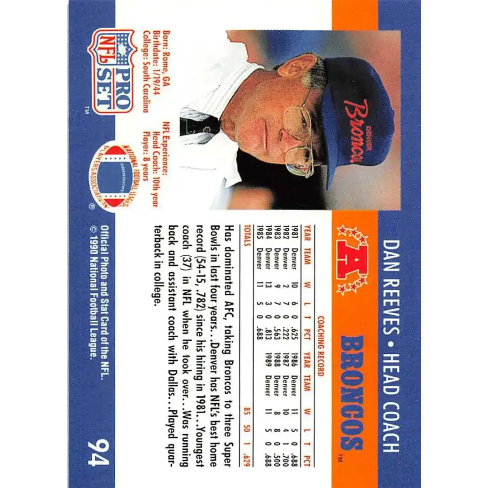 1990 Pro Set #94 Dan Reeves NM-MT Denver Broncos Football Card - Football Card Single