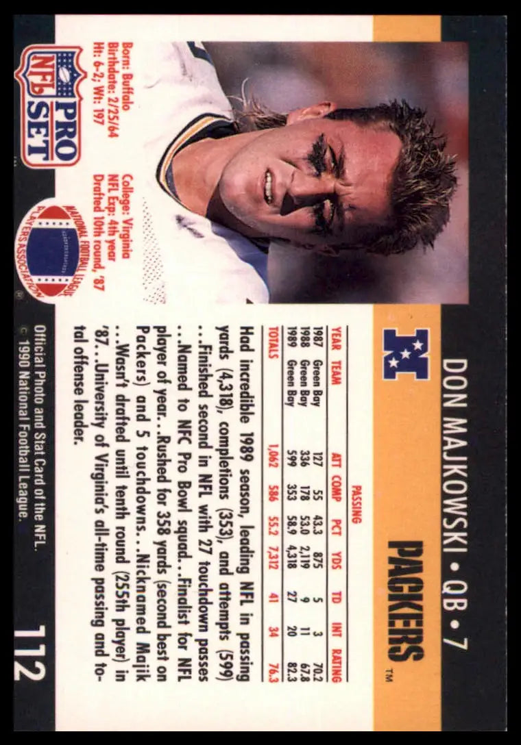 1990 Pro Set Don Majkowski 112 Green Bay Packers NM - Football Card Single