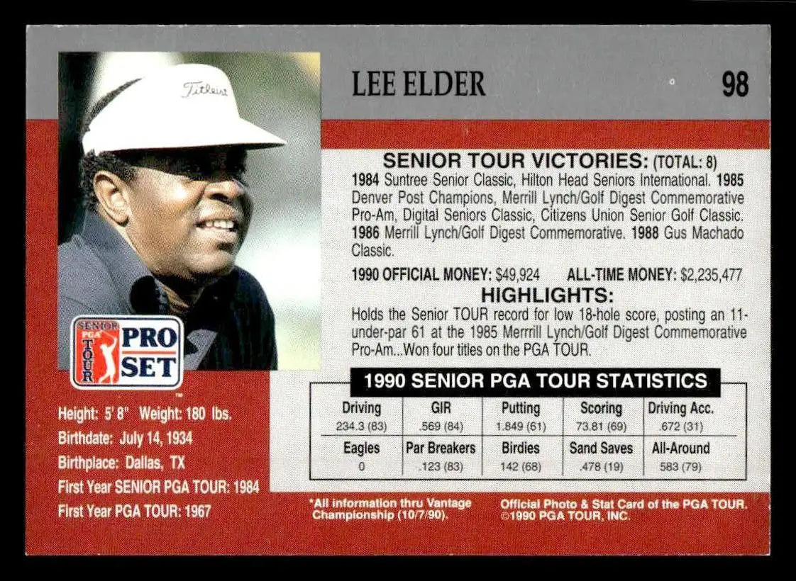 1990 Pro Set PGA Tour #98 Lee Elder - Golf Card Single