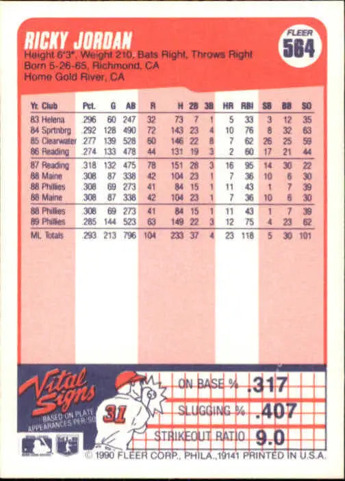 1990 Ricky Jordan Fleer Baseball Card #564