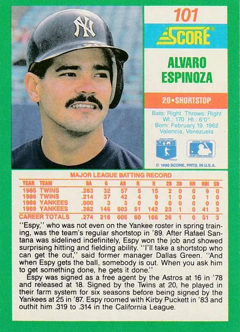 1990 Score #101 Alvaro Espinoza EX Excellent New York Yankees Baseball Card - Baseball Card Single