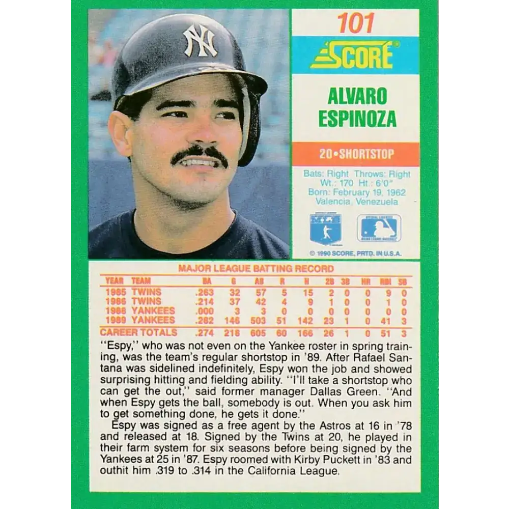 1990 Score #101 Alvaro Espinoza NM-MT New York Yankees Baseball Card - Baseball Card Single