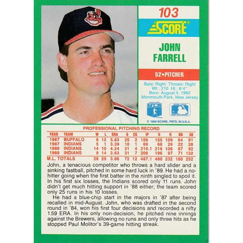 1990 Score #103 John Farrell NM-MT Cleveland Indians Baseball Card - Baseball Card Single