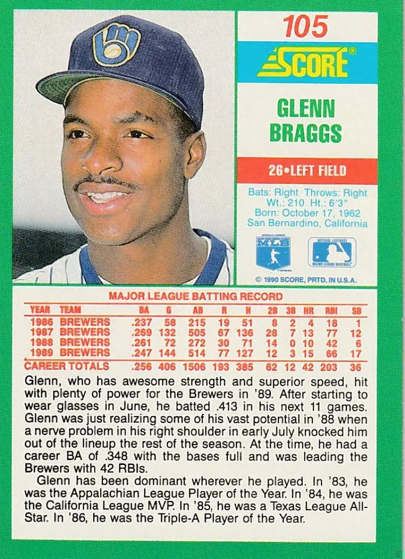 1990 Score #105 Glenn Braggs EX Excellent Milwaukee Brewers Baseball Card - Baseball Card Single