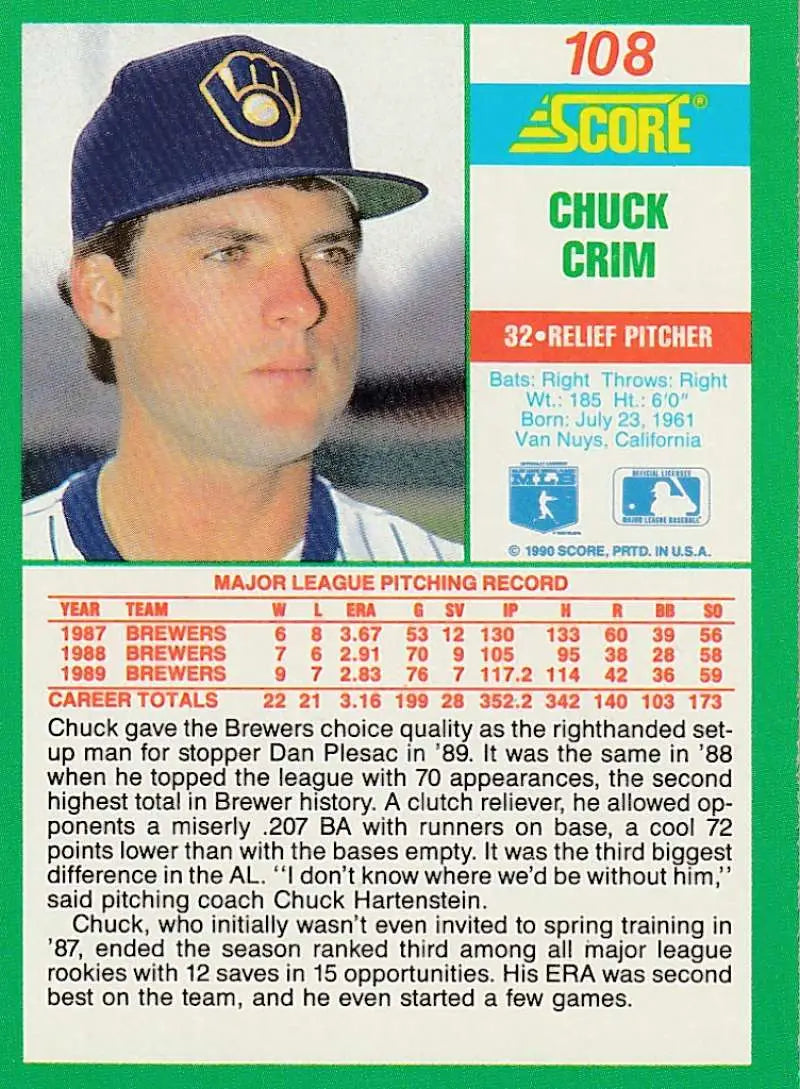 1990 Score #108 Chuck Crim EX Excellent Milwaukee Brewers Baseball Card - Baseball Card Single