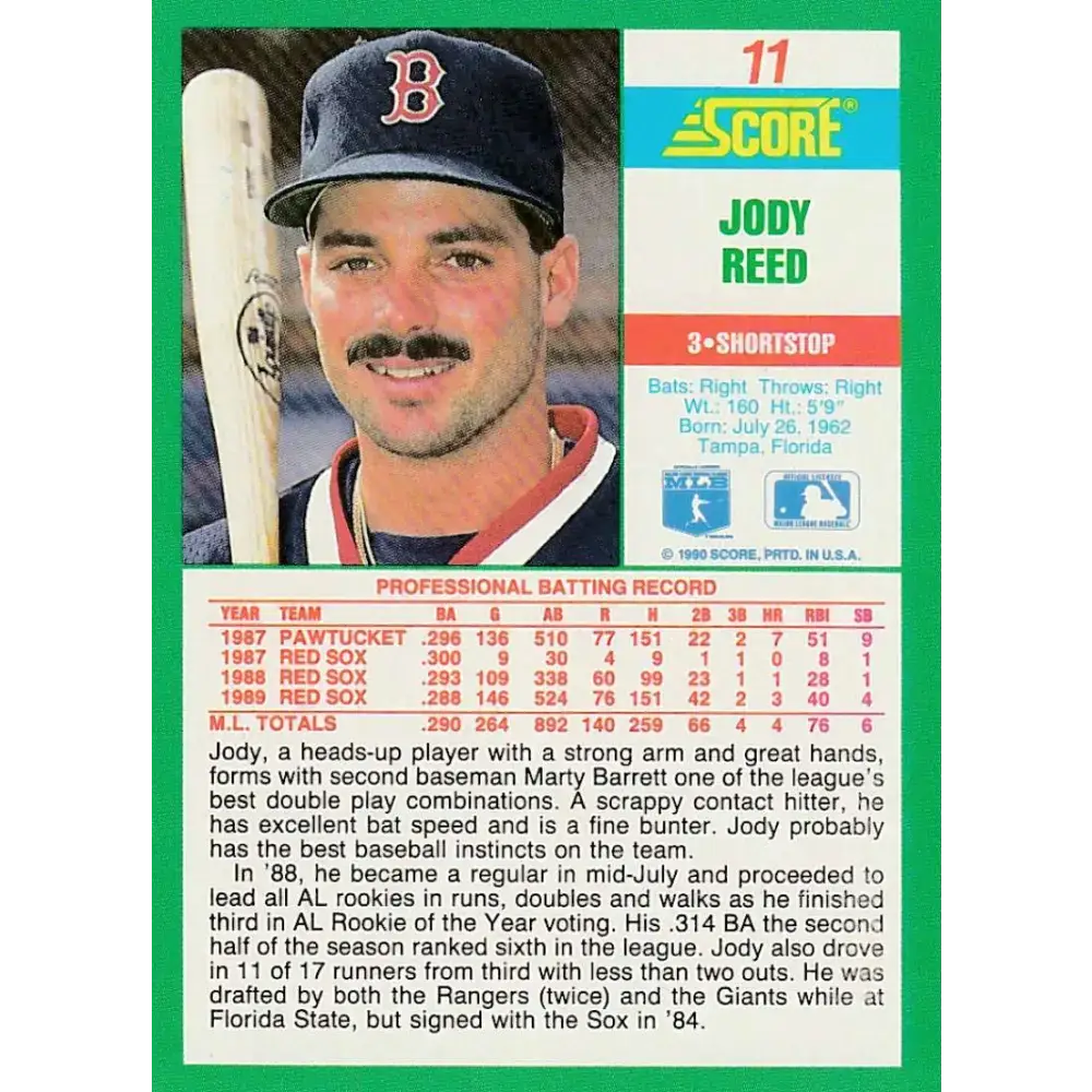 1990 Score #11 Jody Reed NM-MT Boston Red Sox Baseball Card - Baseball Card Single