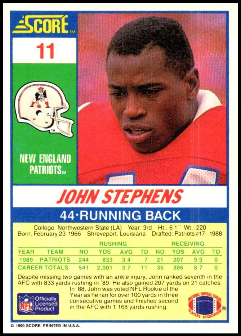 1990 Score #11 John Stephens NM-MT New England Patriots Football Card - Football Card Single