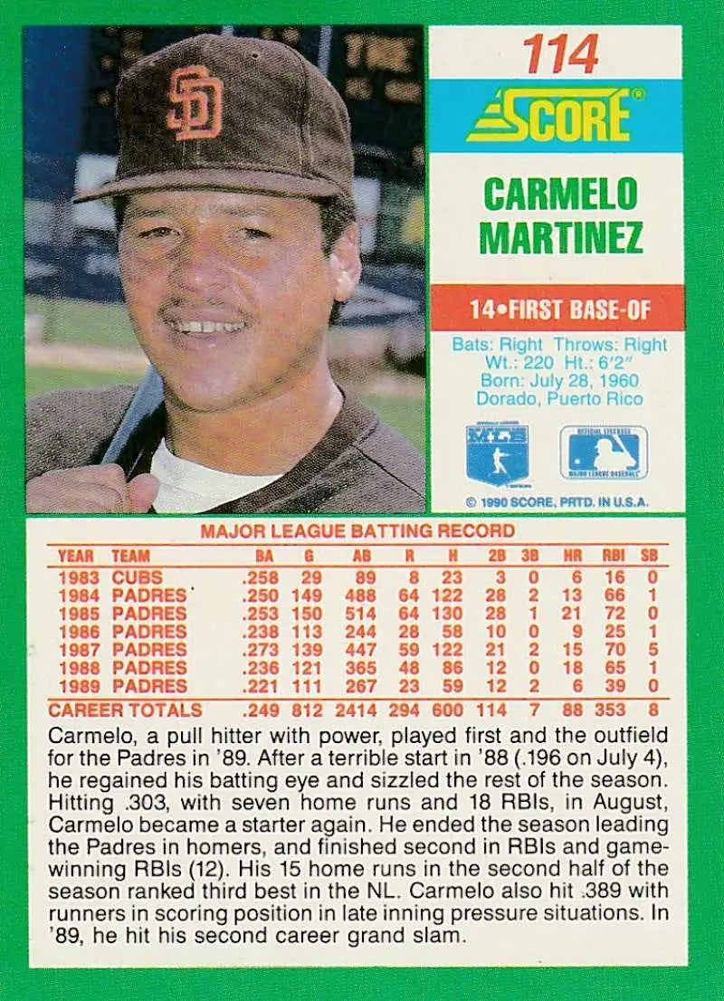 1990 Score #114 Carmelo Martinez EX Excellent San Diego Padres Baseball Card - Baseball Card Single