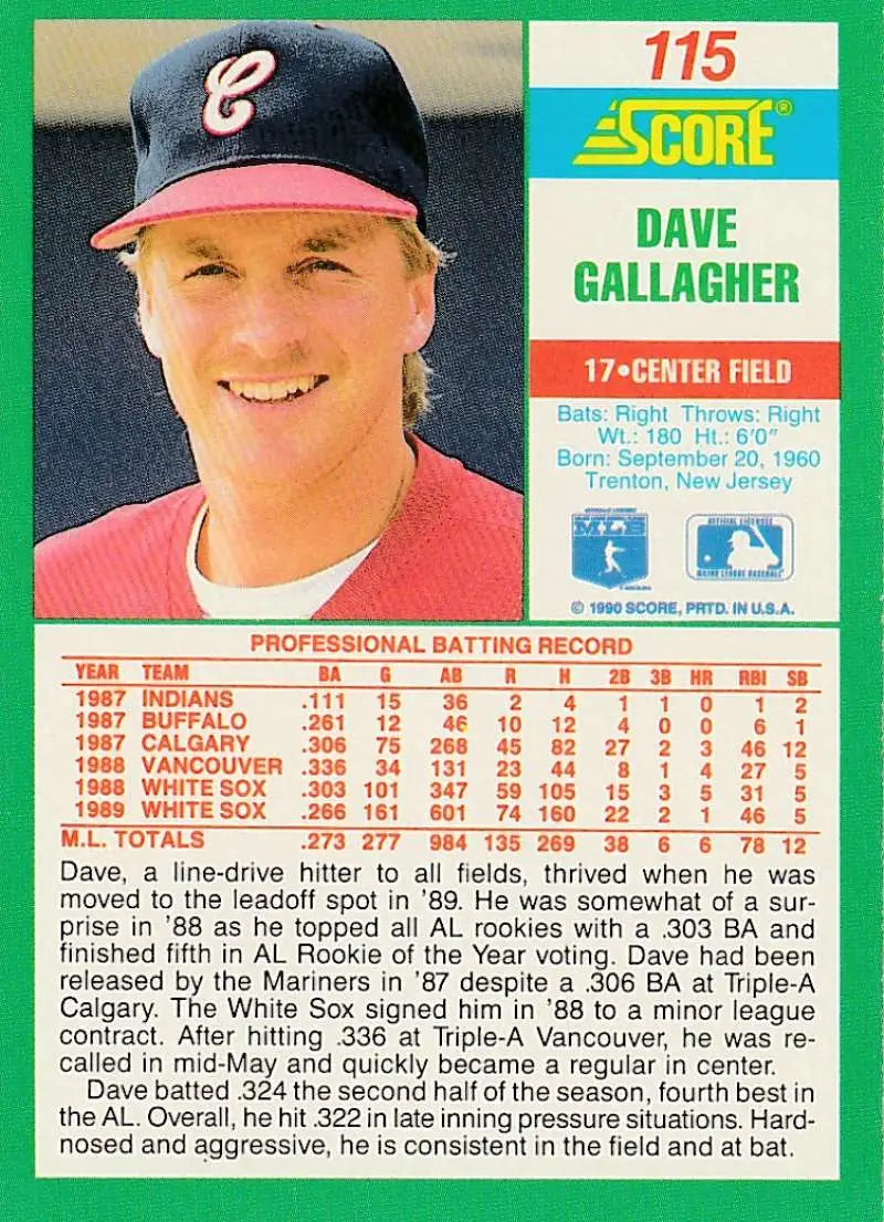 1990 Score #115 Dave Gallagher EX Excellent Chicago White Sox Baseball Card - Baseball Card Single