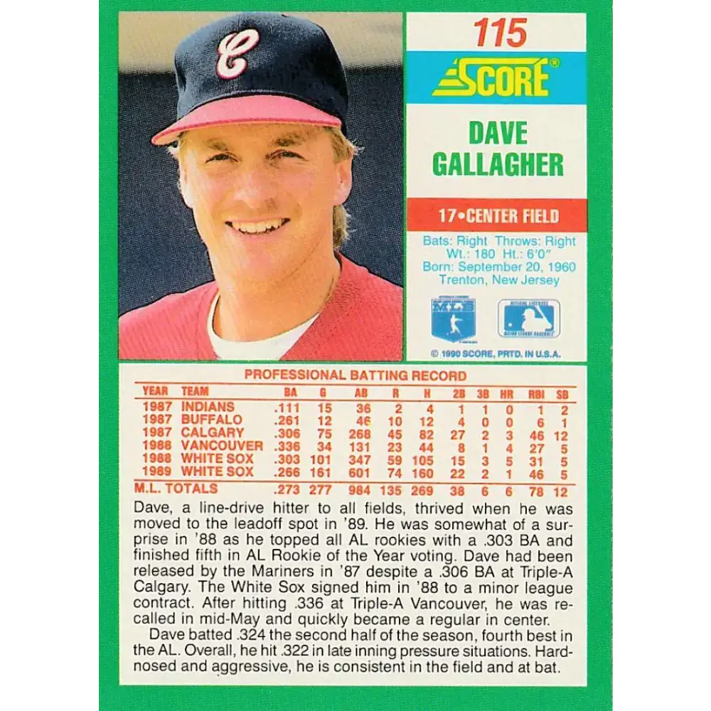 1990 Score #115 Dave Gallagher NM-MT Chicago White Sox Baseball Card - Baseball Card Single