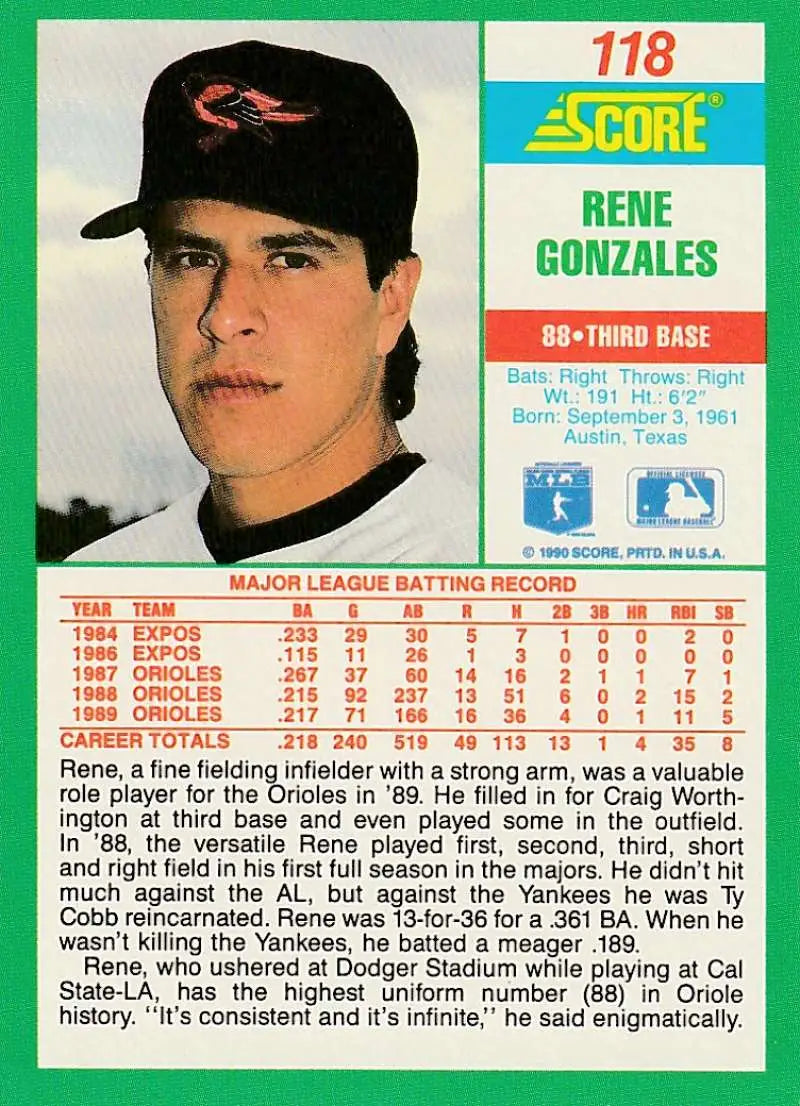 1990 Score #118 Rene Gonzales EX Excellent Baltimore Orioles Baseball Card - Baseball Card Single