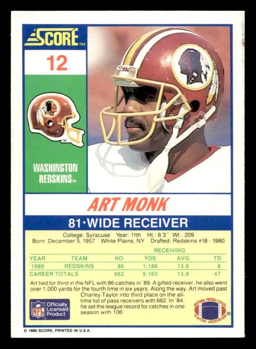 1990 Score #12 Art Monk - Football Card Single