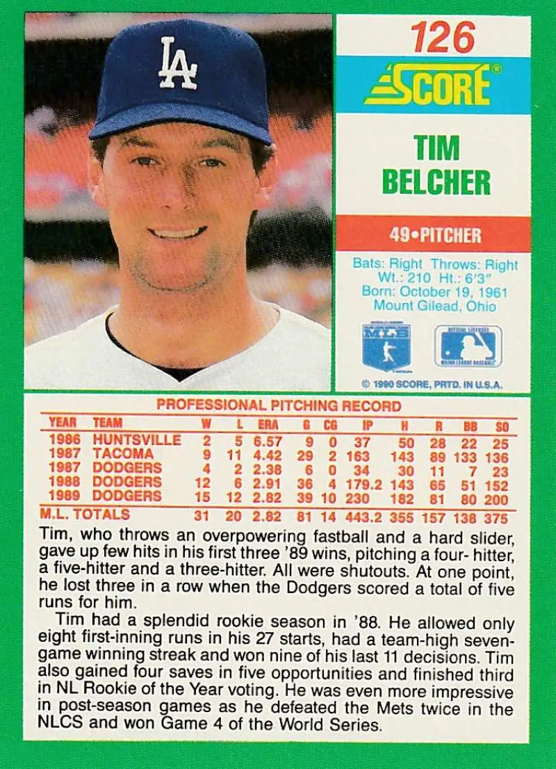 1990 Score #126 Tim Belcher EX Excellent Los Angeles Dodgers Baseball Card - Baseball Card Single