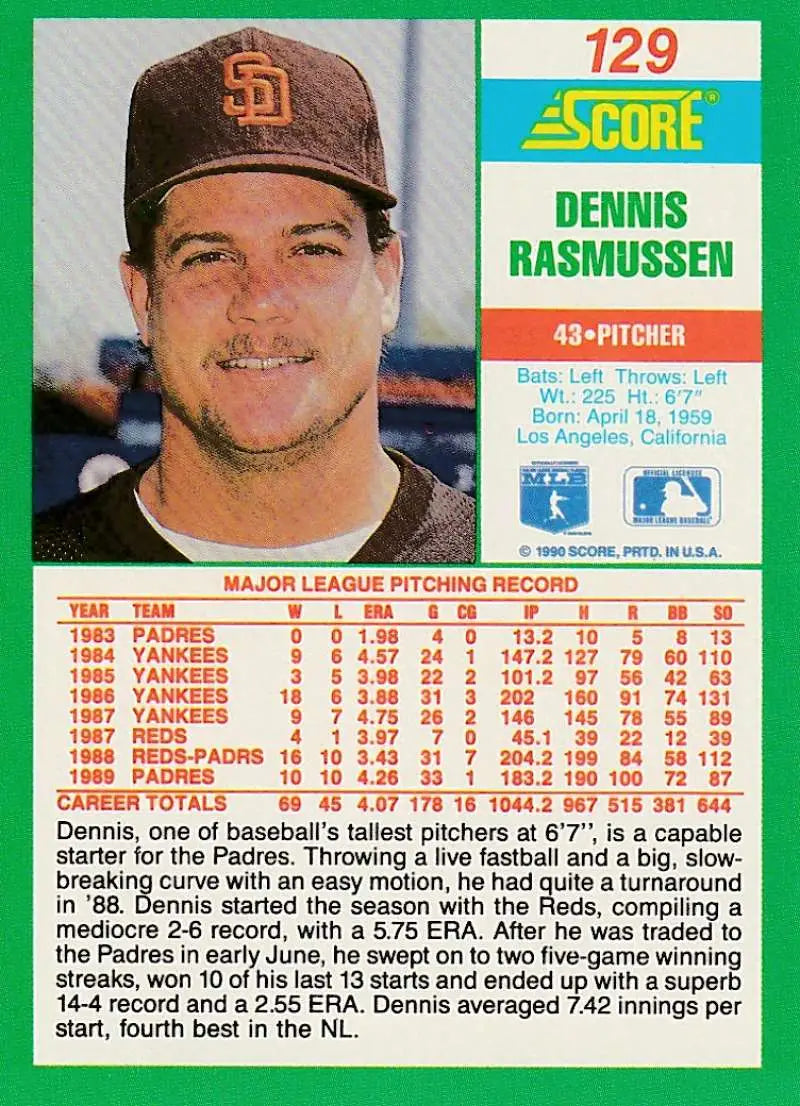 1990 Score #129 Dennis Rasmussen EX Excellent San Diego Padres Baseball Card - Baseball Card Single