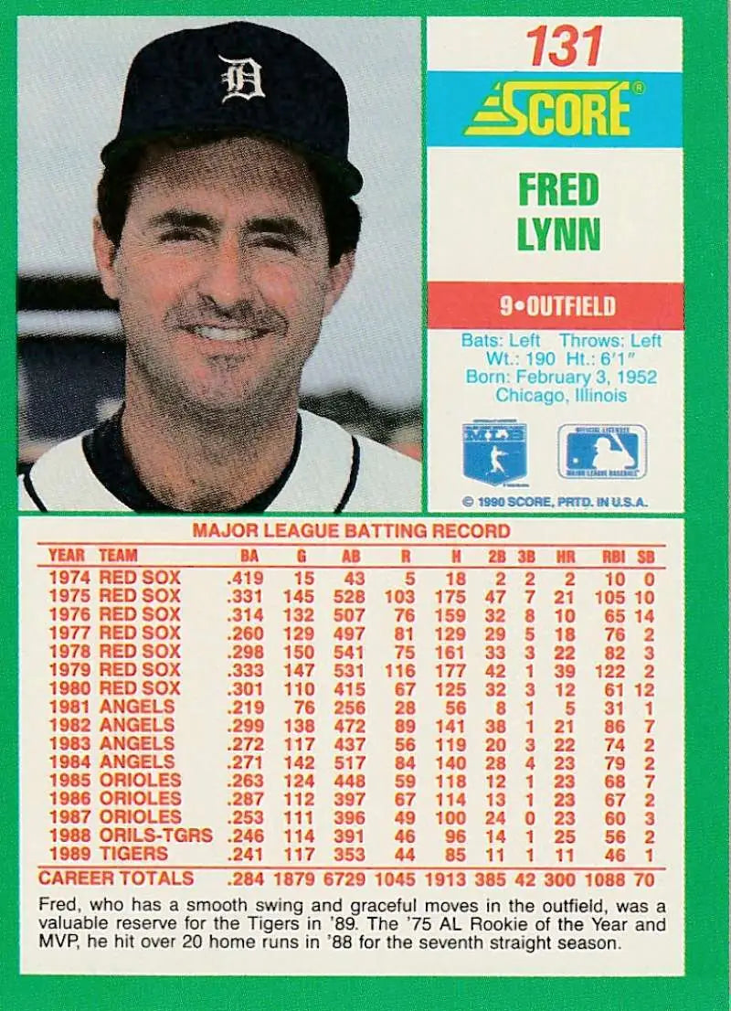 1990 Score #131 Fred Lynn EX Excellent Detroit Tigers Baseball Card - Baseball Card Single