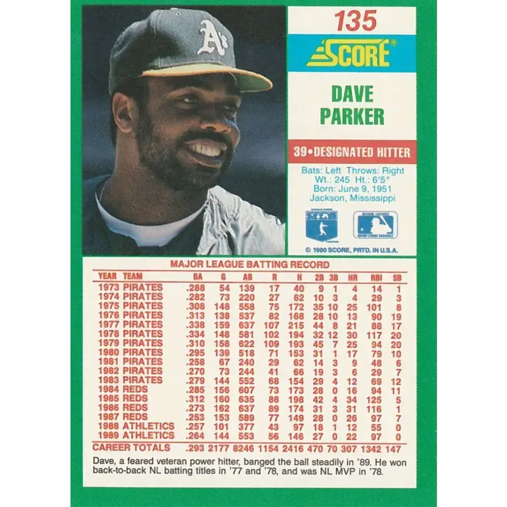 1990 Score #135 Dave Parker NM-MT Oakland Athletics Baseball Card - Baseball Card Single