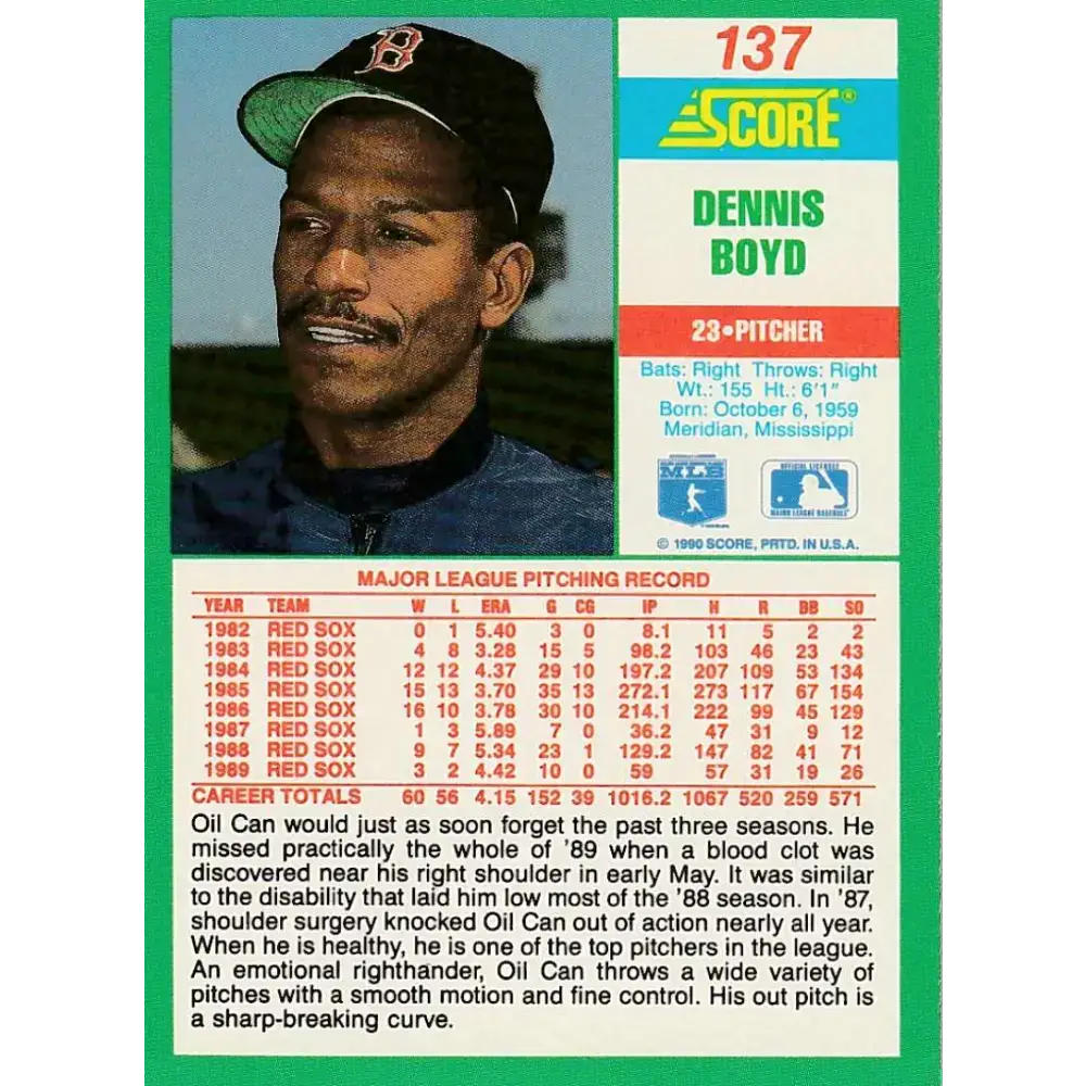 1990 Score #137 Oil Can Boyd NM-MT Boston Red Sox Baseball Card - Baseball Card Single