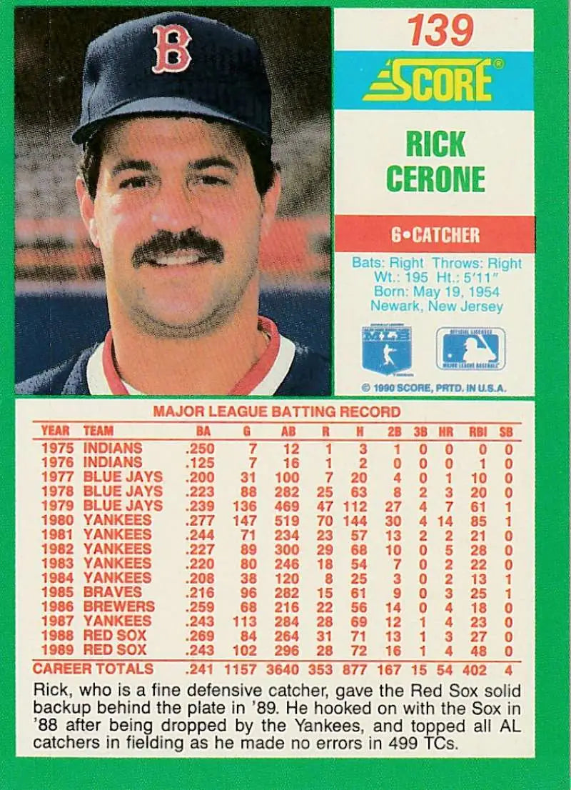 1990 Score #139 Rick Cerone EX Excellent Boston Red Sox Baseball Card - Baseball Card Single