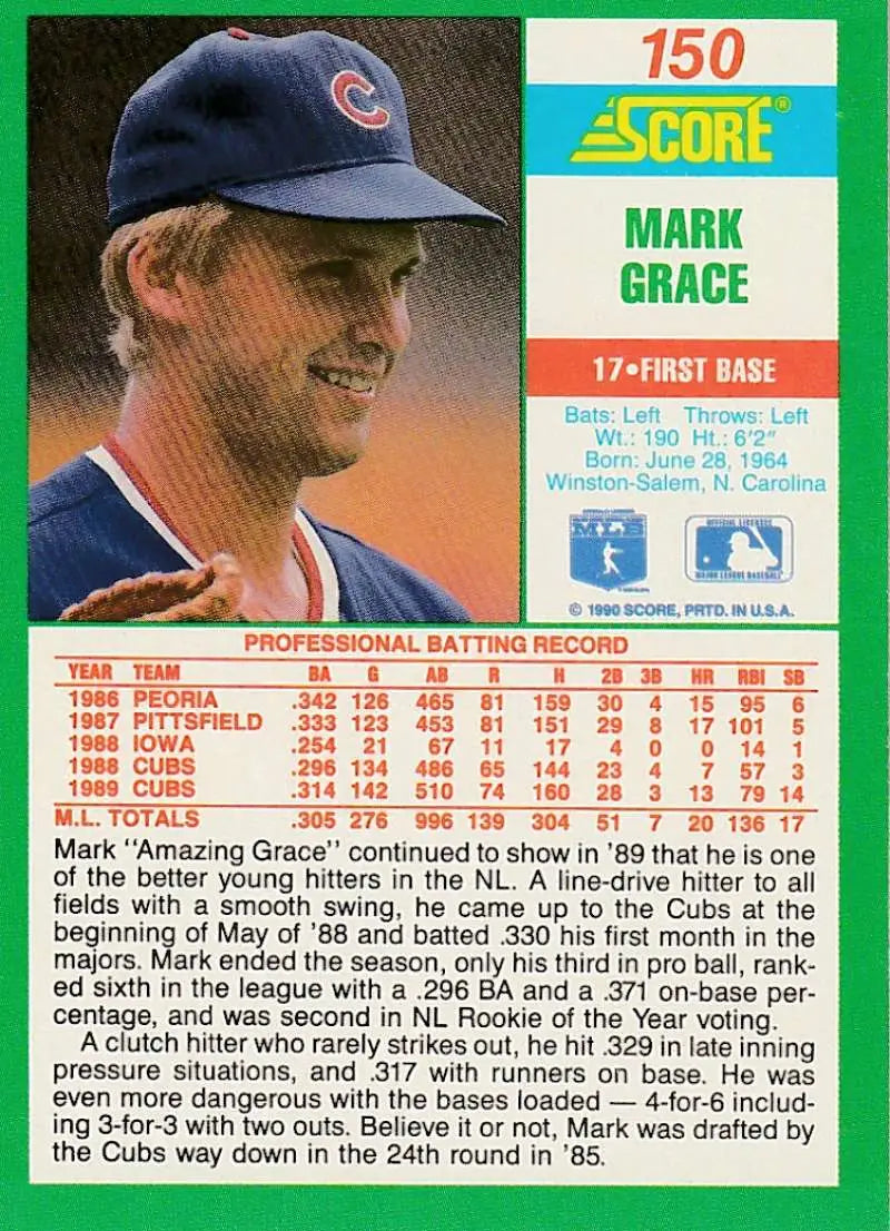 1990 Score #150 Mark Grace EX Excellent Chicago Cubs Baseball Card - Baseball Card Single