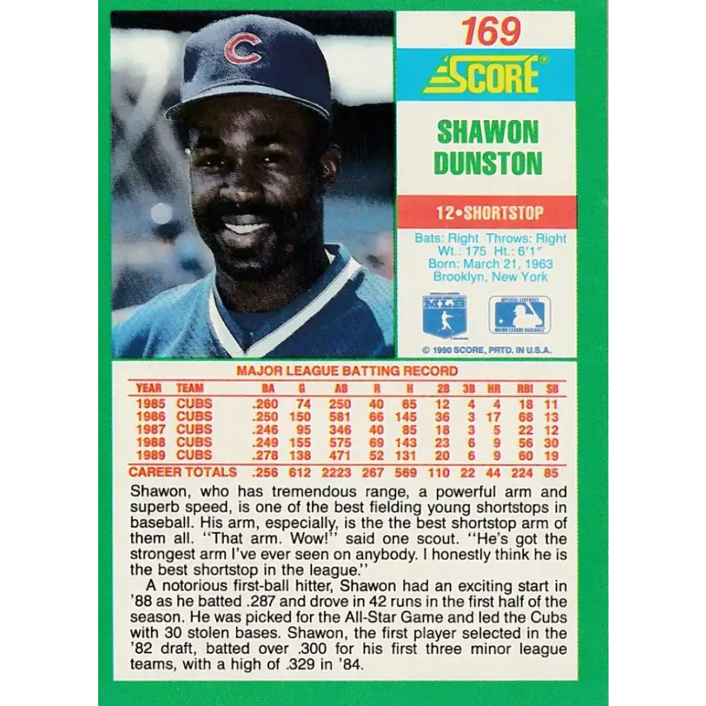 1990 Score #169 Shawon Dunston NM-MT Chicago Cubs Baseball Card - Baseball Card Single