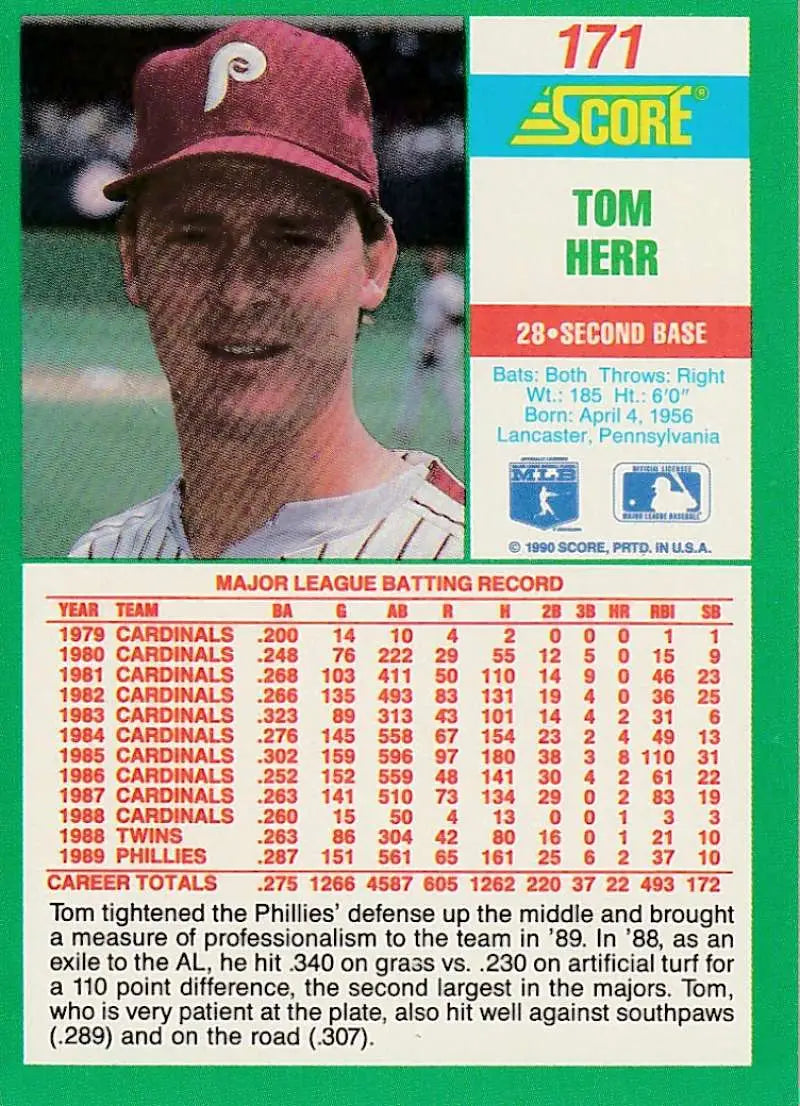 1990 Score #171 Tom Herr EX Excellent Philadelphia Phillies Baseball Card - Baseball Card Single
