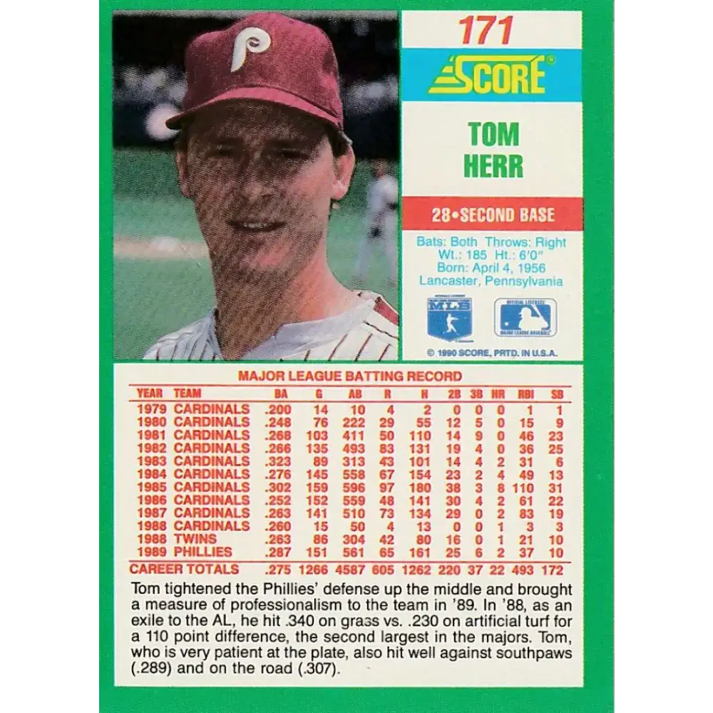 1990 Score #171 Tom Herr NM-MT Philadelphia Phillies Baseball Card - Baseball Card Single