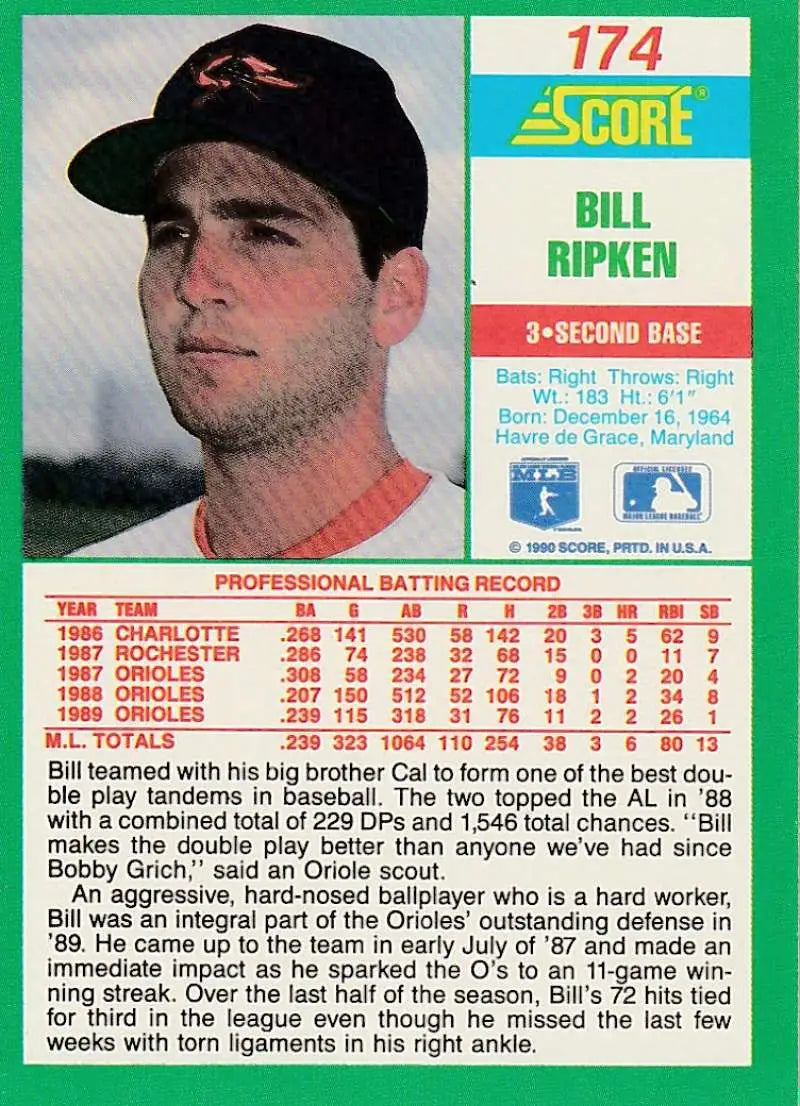 1990 Score #174 Billy Ripken EX Excellent Baltimore Orioles Baseball Card - Baseball Card Single