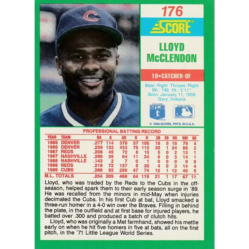 1990 Score #176b Lloyd McClendon COR NM-MT Chicago Cubs Baseball Card - Baseball Card Single