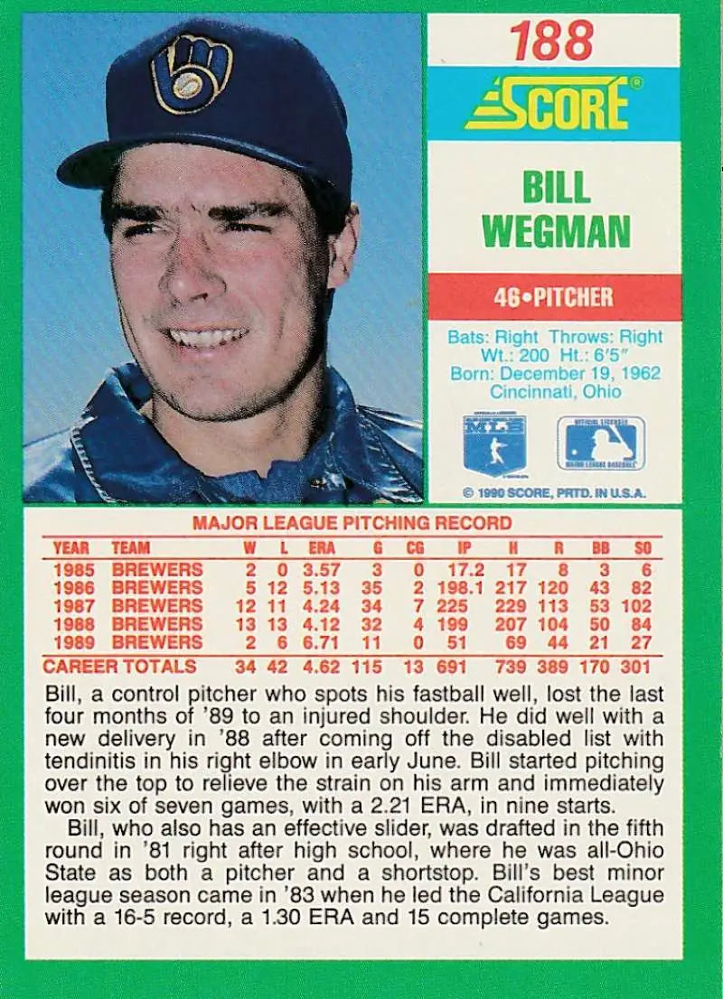 1990 Score #188 Bill Wegman EX Excellent Milwaukee Brewers Baseball Card - Baseball Card Single