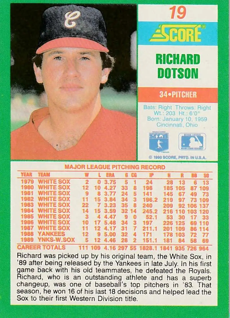 1990 Score #19 Richard Dotson EX Excellent Chicago White Sox Baseball Card - Baseball Card Single