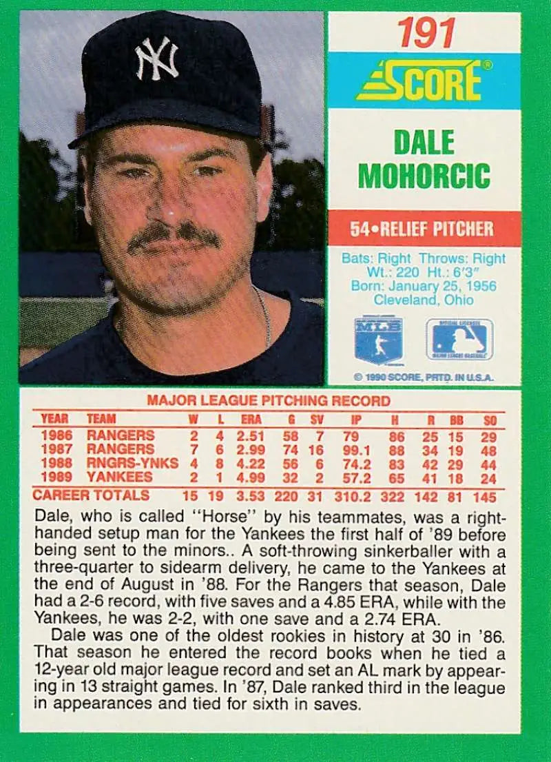 1990 Score #191 Dale Mohorcic EX Excellent New York Yankees Baseball Card - Baseball Card Single