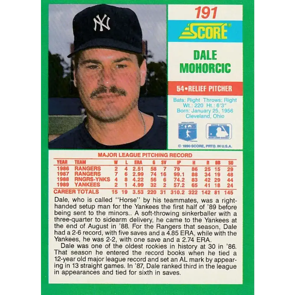 1990 Score #191 Dale Mohorcic NM-MT New York Yankees Baseball Card - Baseball Card Single