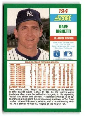 1990 Score #194 Dave Righetti - Baseball Card Single