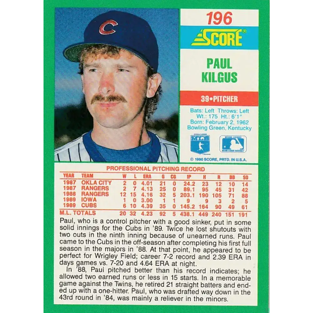 1990 Score #196 Paul Kilgus NM-MT Chicago Cubs Baseball Card - Baseball Card Single