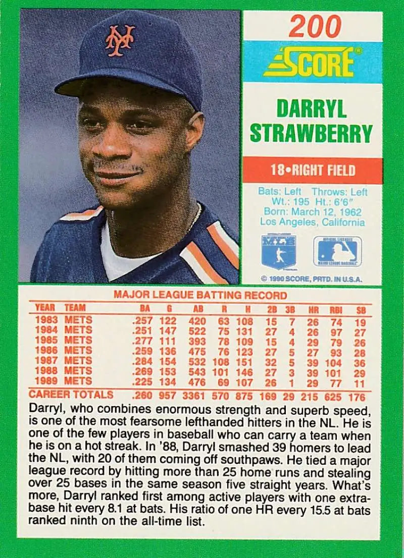 1990 Score #200 Darryl Strawberry EX Excellent New York Mets Baseball Card - Baseball Card Single